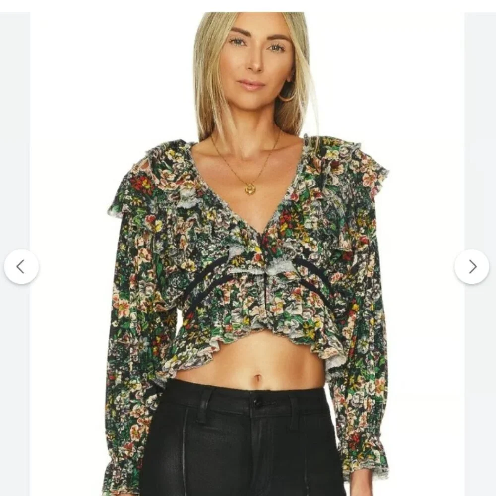 New Free People Green Multi Floral Boho Rudi Ruffle Top XS Festival Whimsical